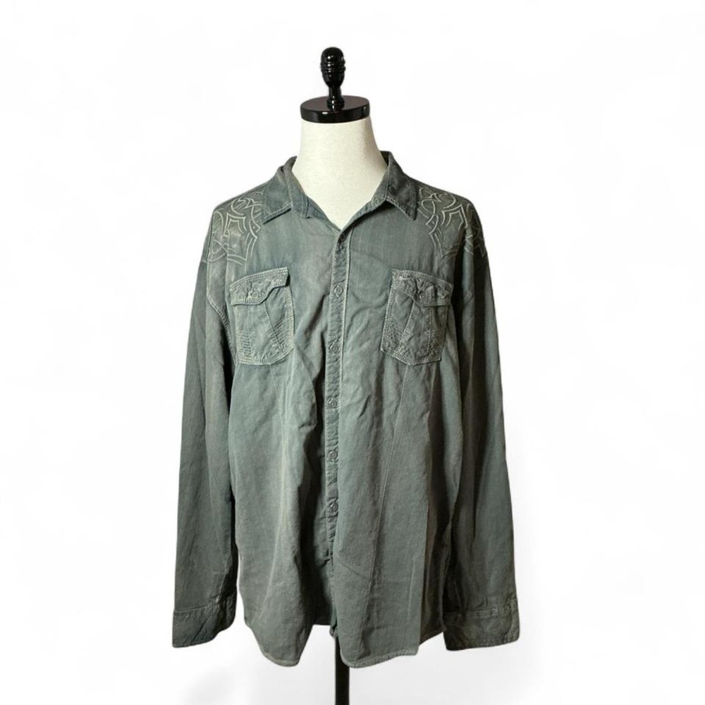Buckle Black Mens Grey Embroidered Long Sleeve Button Up Shirt Grunge